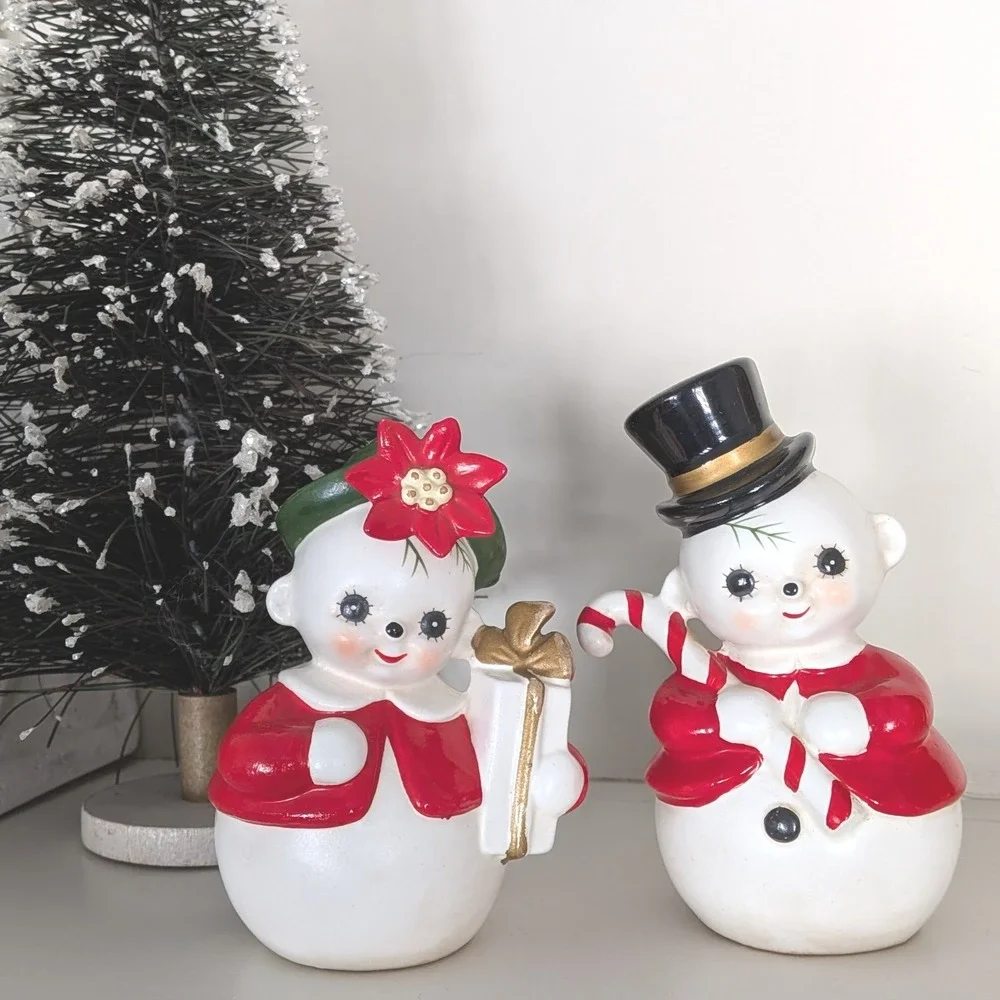 Vintage Josef Originals Snowman and Snow Woman Christmas Planter Set Japan